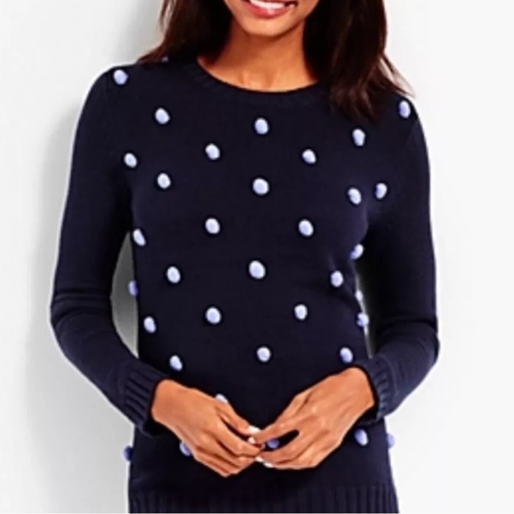 Talbots| Navy Baubles Pom Pom Sweater Petit Medium